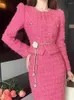 Arbeitskleider ucxq Koreanischer Stil eleganter rosa Tweed-Strickjacke Split Rock Fashion All-Match Zweiköpfige Frauen 2024 Frühlings Sommer A8122