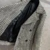 2024 Winter New Women's Black and White Checkered Retro Knitted Silhouette Wool Tweed Medium Length Loose Suit