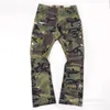 New Green Camouflage Ink Splashing Patchwork Pantalons de travail évasé, American High Street Micro Flare Patchwork Casual Pantal