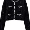ダイヤモンドボタンを添えた女性用ジャケットの太いツイードブラックカーディガンジャケットAライン汎用スカートファッションセット2個