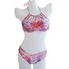 Menas de banho feminina 2024 Chegada Neon Floral Swimsuit High Neck Split Bikini Set Push Up Push Up Binds Ternos de banho de tricô 2pcs