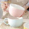 Macaron Color Ceramic Big Mug 1000ml Bowl with Lid Student Lunch Box Office Microwave Oven Available Cups Coffee Milk Breakfast 240407