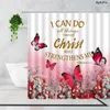Shower Curtains Blue Butterfly Flowers Trust Christ Quotation White Floral Spring Scenery Fabric Bathroom Decor Bath Curtain Set
