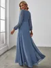 Women's Long Sleeve Chiffon V-Neck Dusty Blue Mother of the Bride Dresses With Lace Sash A-Line Dusty Blue Floor Length Elegant Dress Fall Wedding Guest for Women