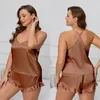 Vêtements à la maison Sexy Backless Shorts Shews Sleepwear Plus taille 3xl Pink Femmes Pajamas Set Intime Lingerie Spring Summer Satin Habots