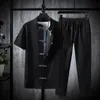 Shirts Pants summer 100 Cotton linen shorts sleeve Mens Casual Sets Male Fashion trousers and shirts men full size M5XL 240325