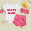 Zestawy odzieży Baby Girl Summer Stroje rozmyte litera haft z krótkim rękawem szorty rompers opaski na głowę 3pcs