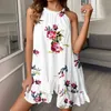 Robes décontractées Femmes Fashion Ruffles Trim Floral Print mini robe Loose Tank Sans manches manches Femme Elegant Party 2024