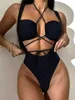 Menas de banho feminina que vende a quente sexy swimsuit all-in-one no novo verão de 2024 em feminino europeu e americano Lace Up Hollow Open Bikini J240403