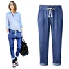 Kvinnors jeans 2024 Spring Summer Woman Long Fashion Casual Drawstring Ankel Lehgth Pants Black Blue Trousers High Street