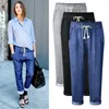 Kvinnors jeans 2024 Spring Summer Woman Long Fashion Casual Drawstring Ankel Lehgth Pants Black Blue Trousers High Street