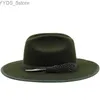 Wide Brim Hats Bucket New Military Green Feather Band Wool Womens Fedora Hat Mens Cowboy Elegant Gangster Trilby Felt Homburg Church Jazz yq240407