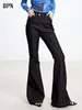 Kvinnors jeans bpn solid minimalistisk skarvad ficka för kvinnor högt midja lapptäcke slant denim flare byxor kvinnliga stilkläder