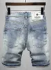 Men's Shorts Summer Fashion Mens Jeans Retro Light Blue Elastic Patch Tear Shorts Mens Embroidery Designer Hip Hop Denim Shorts Mens J240407