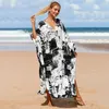 Sexy Plus Size Kaftan V-Neck Kimono For Women Swim Long Dress Printed Robe De Plage Pareos Beachwear Tunic Bikini Cover Up