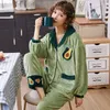 Home Clothing Flannel 2PCS Sleepwear Winter Pajamas Set Women Lapel Shirt&Pants Coral Fleece Pijamas Suit Warm Pyjamas Green