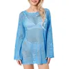 Casual Dresses Women Knitted Crochet Mini Dress Bathing Beachwear Solid/Contrast Color Long Sleeve Cutout See Through Loose Sunscreen