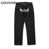 Hip Hop Gothic Denim Spods Streetwear Mens Graphic Print workowane punkowe rock dżinsy Harajuku swobodne luźne spodnie dżinsowe czarne 240329