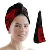 Serviette rouge fleur de rose noir cheveux secs salle de bain absorbante à séchage rapide capuchon de douche microfibre
