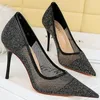 Dress Shoes Women Sexy 9.5cm High Heels Mesh Sandals Pumps Lady Lace Pointed Toe Shallow Office Party Stripper Summer Breathable