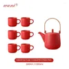 Tee -Sets 6pcs Becher Kaffeetasse Rot Keramik Trinkküste Set Haushaltswasser und Wasserkessel Wohnzimmer Tee Einfaches Jahr Geschenke