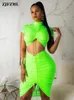 Neon Green Yellow Sexy Two Piece Set Women Turtleneck Short Sleeve Crop Top Pleated Bodycon Dress Tracksuit 2 Club Outfit 240407