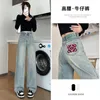 Light Blue Chinese Style Jeans for Womens Spring/summer New High Waisted Slimming Design Wide Leg Straight Pants with Embroidery