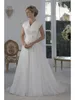 Pleats Chiffon A Line Wedding Dresses V-Neck Short Sleeves Long Beach Bridal Gown Hand Made Flowers Sash Empire Waist Simple White Ivory Bride Dress