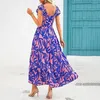 Robes décontractées Femmes Habille Maxi Floral Print V Neck for Summer Vacation Summer A-Line Loose Hem Flying Sleeves Backless Design