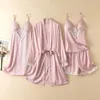 Home Clothing Four Piece Pajamas Set Summer Silk Satin Clothes Sexy Lace Sleepwear Pijamas Suit Elegant Women V-Neck Robe Gown Lingerie