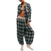 Frauenhosen Streifen Pyjama -Sets für Frauen 2 Stück Langarmknopf Down Bluse Gingham Wide Leg Lounge Y2K Baggy Nachtwäsche Outfits