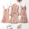 Home Clothing Freizeit Frühlings Sommer Frauen sexy Spitze 4pcs Pyjamas Anzug Nachtwäsche intime Dessous rosa Schlaf Set Pyjama