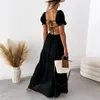 Vestidos casuais Vintage Summer V Neck Ruffled Buff Buff Robe Dresses Beach Women Women Elegante Sexy Backless Lace Up Long