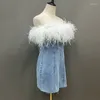 Feestjurken vrouwen denim jurk bodycon mini vestidos elegante mouwloze jeans dames vrouwelijke banketbuis met veren met veren dames