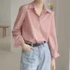 Qoerlin Högkvalitativ kontorsstil Elegant White Blue Women Pink Shirt Turndown Collar SingleBreasted Long Sleeve Shirts SXL 240407