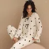 Roupas domésticas algodão mulheres sono Conjunto de manga longa lingerie íntima roubd colar de 2pcs pijamas terno de mola de pm pijamas de primavera