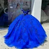Kraliyet mavisi omuz quinceanera elbise dantel aplike payetler boncuk tull meksika tatlı 16 vestidos de xv 15 anos doğum günü