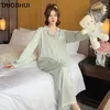 Home Clothing Duojihui Autumn Solid Color Women's Pyjamas Set Korean Sweet Chic Button Cardigan Casual Simple Pant Losse vrouwelijke slaapkleding