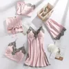 5st Sleepwear Sleep Suit Sexy Womens spets pyjamas sätter V-hals Satin Pijamas Intime Lingerie Spring Nightwear Home Wear PJS 240402