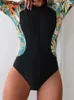 Frauen Badebekleidung Vigocasey 2024 Patchwork Langarm Frauen sexy Push Up One -Tiefe Badeanzug Monokini High Cut Summer Beach Badeanzug