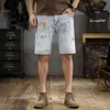 Heren shorts retro witte high-end denim shorts heren heren spatten inkt print ontwerp rechte shorts trend bijpassende scheurende shorts J240407