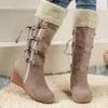 Large Size Womens Cotton Boots with Matte Back Lace Up Tassel High Sleeve Sloping Heels Snow