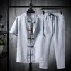 Shirts Pants summer 100 Cotton linen shorts sleeve Mens Casual Sets Male Fashion trousers and shirts men full size M5XL 240325