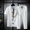 Shirts Pants summer 100 Cotton linen shorts sleeve Mens Casual Sets Male Fashion trousers and shirts men full size M5XL 240325