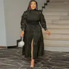 Ethnic Clothing Chic Women Hollow Out Lace Splice Mock Neck Long Sleeve A Line Midi Dress With Belt Casual Party Club Outfits Plus Size