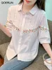 Qoerlin S3xl Broidered Chemises Femmes Femmes Stérome Céquette Summer Hollow Out Tops Elegant Blouse SingleBreasted Shirt Bouton Up 240407