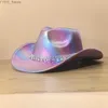 Breda brimhattar Bucket Laser Rainbow Cowgirl Hat Hot Stamped Jazz Fedora Bright Hip Hop Party Rave Cowboy Y2K YQ240407