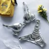 Frauen Badebekleidung Metallic Summer Push up Kissen BH Schwimmanzug Strandanzug Damen sexy Tanga Bikini Set Silber und Gold Direkt Biquini Badeanzug J240403