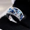 Bröllopsringar Royal Blue Crystal Water Drop Stone Ring Simulated Aquamarine Engagement for Women Vintage Silver Color Party Band