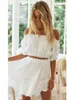 Summer Two Piece Set Bohemian Casual Beach Skirts 2Pcs Sets Lace Off Shoulder Crop Tops and Short Pleated Skirt 240402